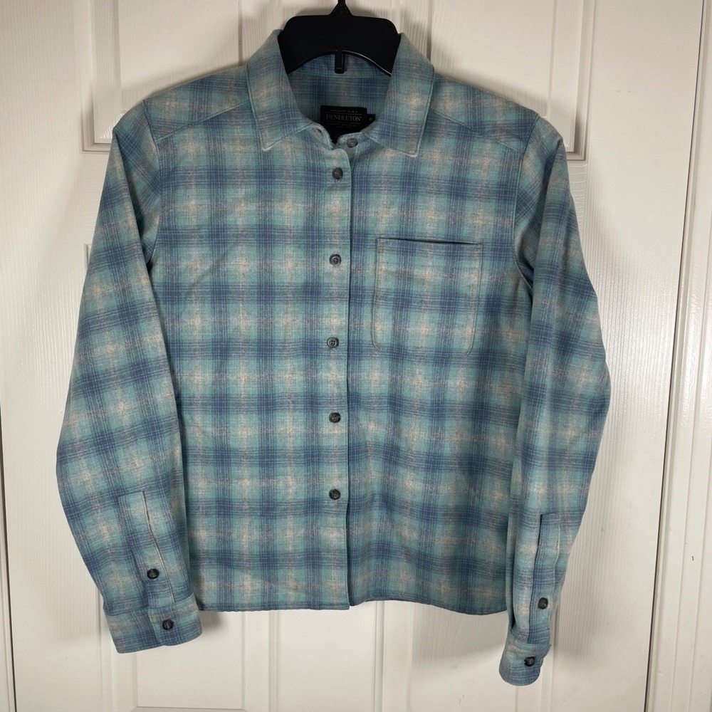 Pendleton Blue Teal Plaid 100% Virgin Wool Button Down Shirt Womens Small EUC - Picture 2 of 6
